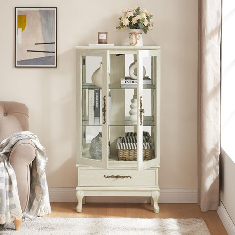 nifoti 51" H Lighted Curio Cabinet Display Case, Glass Curio Cabinet with Adjustable Shelves,Tempered Glass Door and Drawer, Wooden Cabinets w/Mirrored Back Pane for Living Room (Antique White) nifoti