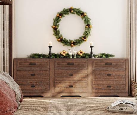 WAMPAT Farmhouse 9 Drawers Dresser for Bedroom,94 inch 3 in 1 Dresser with Small Chest of Drawers,Mid Century Modern Wooden Closet Storage Organizer for Living Room, Hallway, Rustic Brown WAMPAT