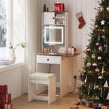 Vanity, Small Vanity Desk with Mirror and Lights, Farmhouse Makeup Vanity Table with 3 Adjustable Lighted Mirror and Chair for Compact Space, Corner Mini White Make up Table with Fold-up Panel Smart FENDEE