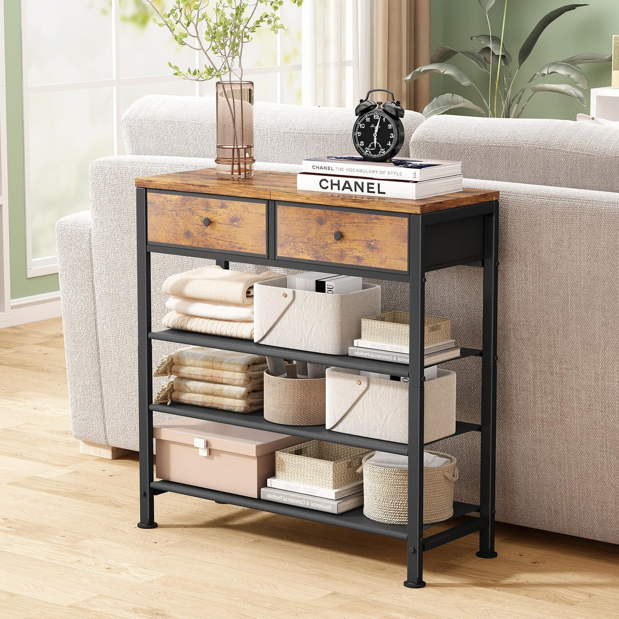 Kitstorack Shoe Rack, 4 Tier Shoe Organizer for 9-12 Pairs of Shoes, with 2 Drawers, 3 Fabric Shelves and Wooden Top, Shoe Rack for Closet Entryway, Rustic Brown Kitstorack