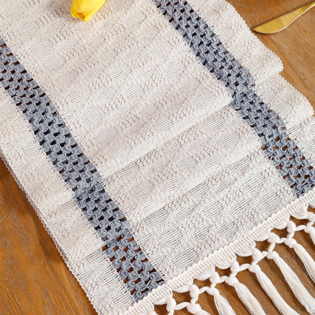 Tosleo Boho Table Runner 12×108 Inches Long with Tassels Grayish Blue Double Striped Farmhouse Rustic Table Runner for Dining Wedding Party（One Piece） Tosleo