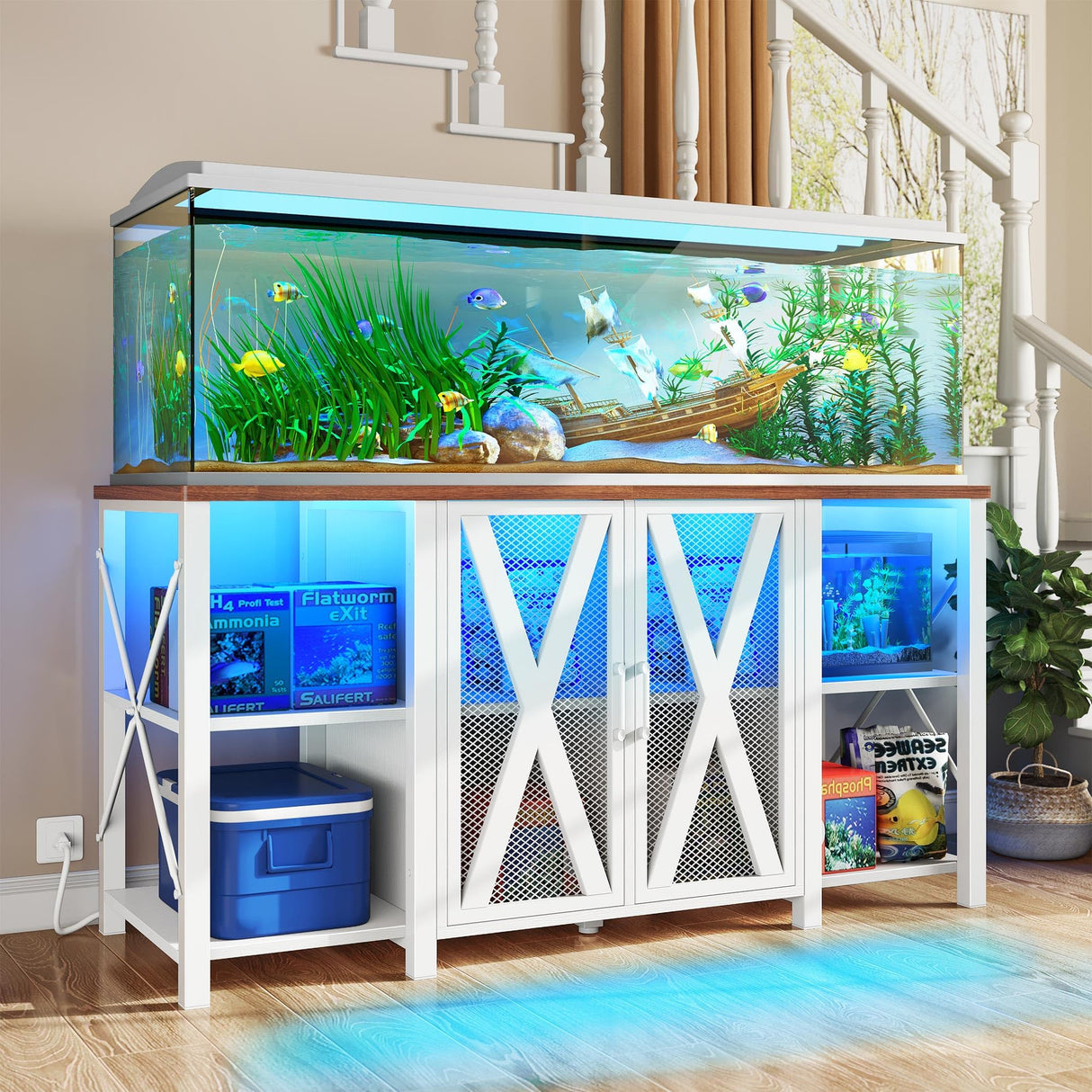 DWVO 75-120 Gallon Aquarium Stand with Power Outlet & LED Light, Cabinet for Accessories Storage - Heavy Duty Metal Fish Tank Stand Suitable for Turtle Tank, Reptile Terrarium, 2000LBS Capacity, White DWVO