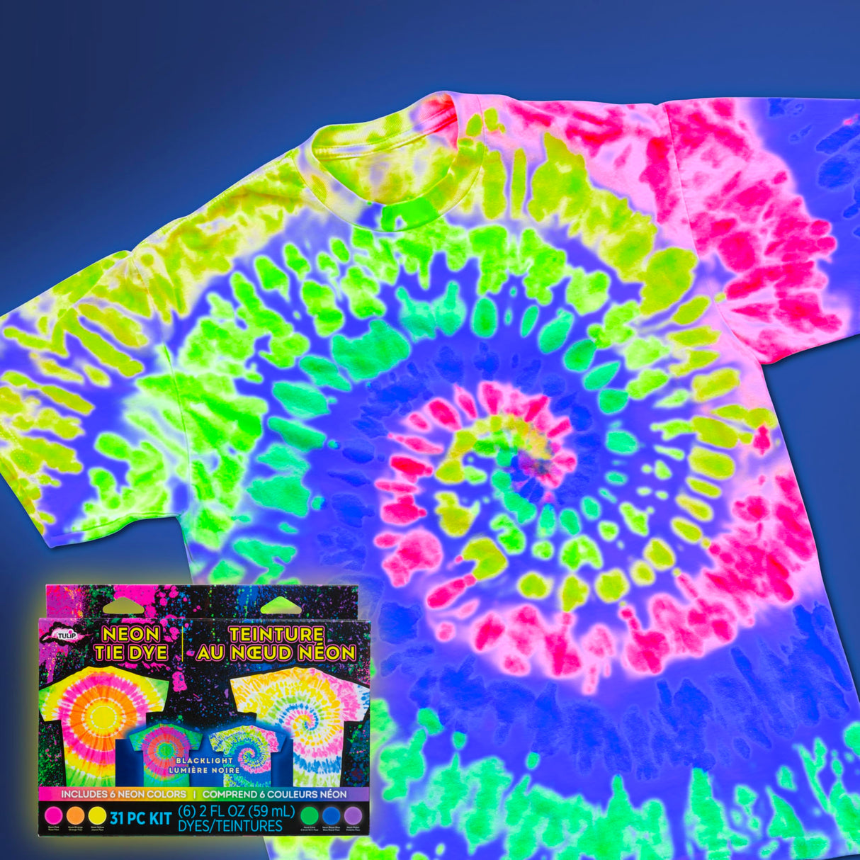 Tulip Neon Tie-Dye Kit, Blacklight Reactive, Easy Application & Techniques, No Mixing, Just Shake & Apply Fabric Dye, Neon Craft Party Activity, 6-Color Kit, 31 pcs Tulip