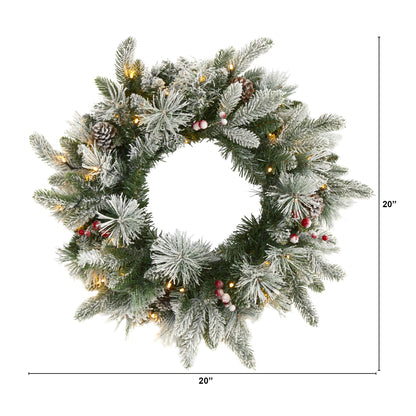 Nearly Natural 20in. Flocked Mixed Pine Artificial Christmas Wreath with 50 LED Lights, Pine Cones and Berries