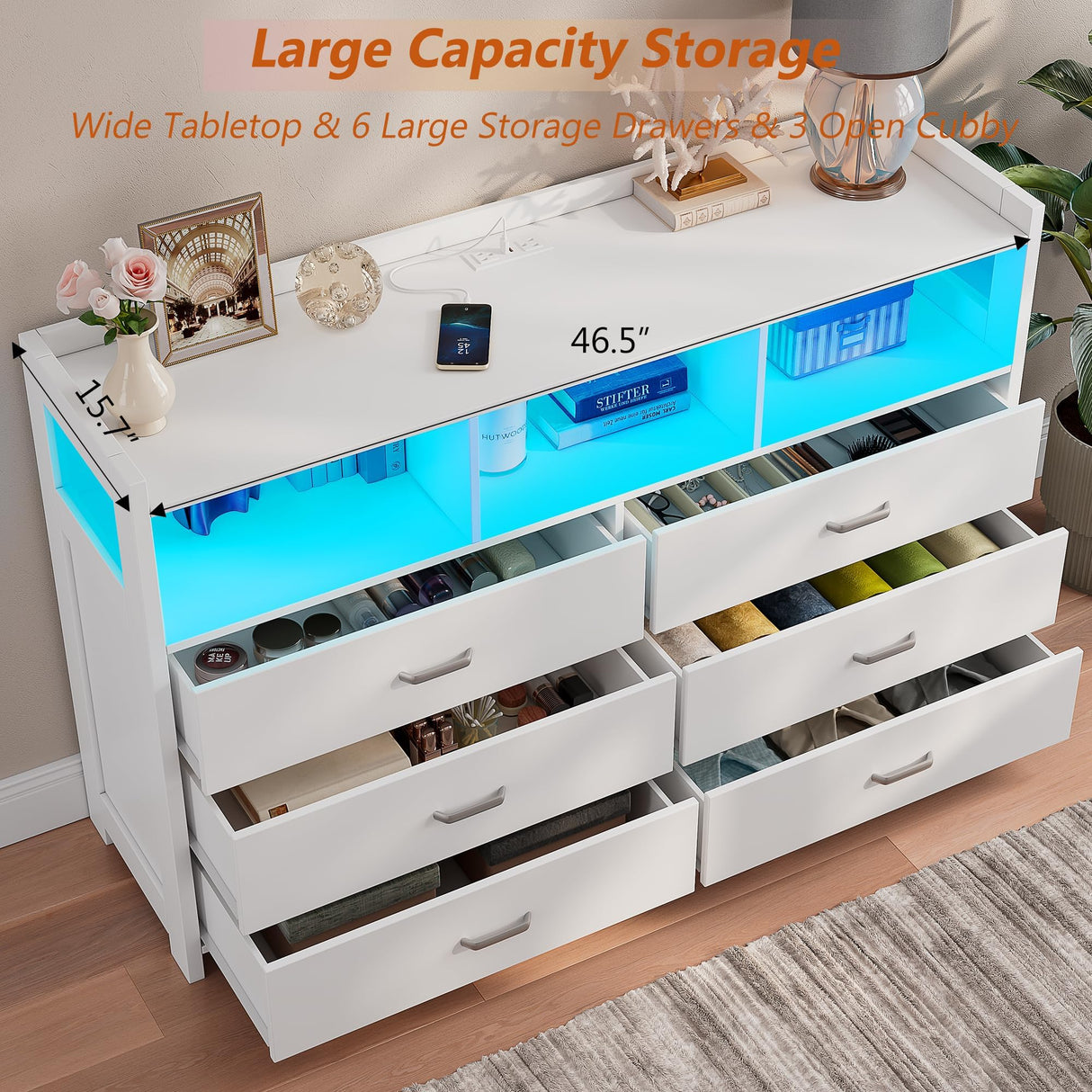 Alohappy 6 Drawer Dresser for Bedroom, LED Dresser Chest of Drawers with Power Outlets, Modern White Dresser for Bedroom, Living Room, Entryway, Hallway Alohappy