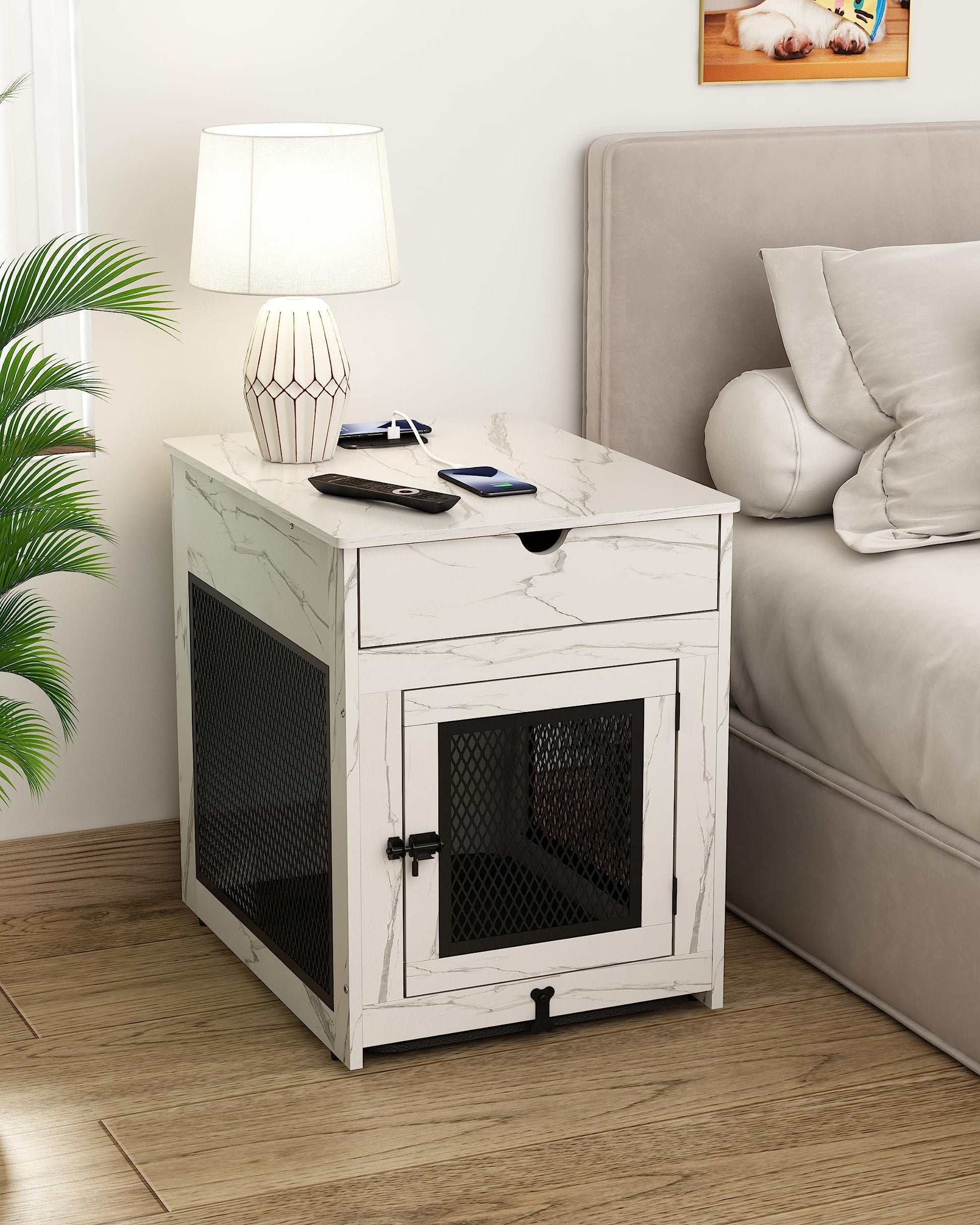 Piskyet Dog Crate Furniture,Wooden Dog Crate End Table with Storage Drawer&Cushion&Tray, QC3.0 Wireless Fast Charging&Dual USB, Dog Crate Indoor Kennel for Small Dogs - Marble White - WoodArtSupply