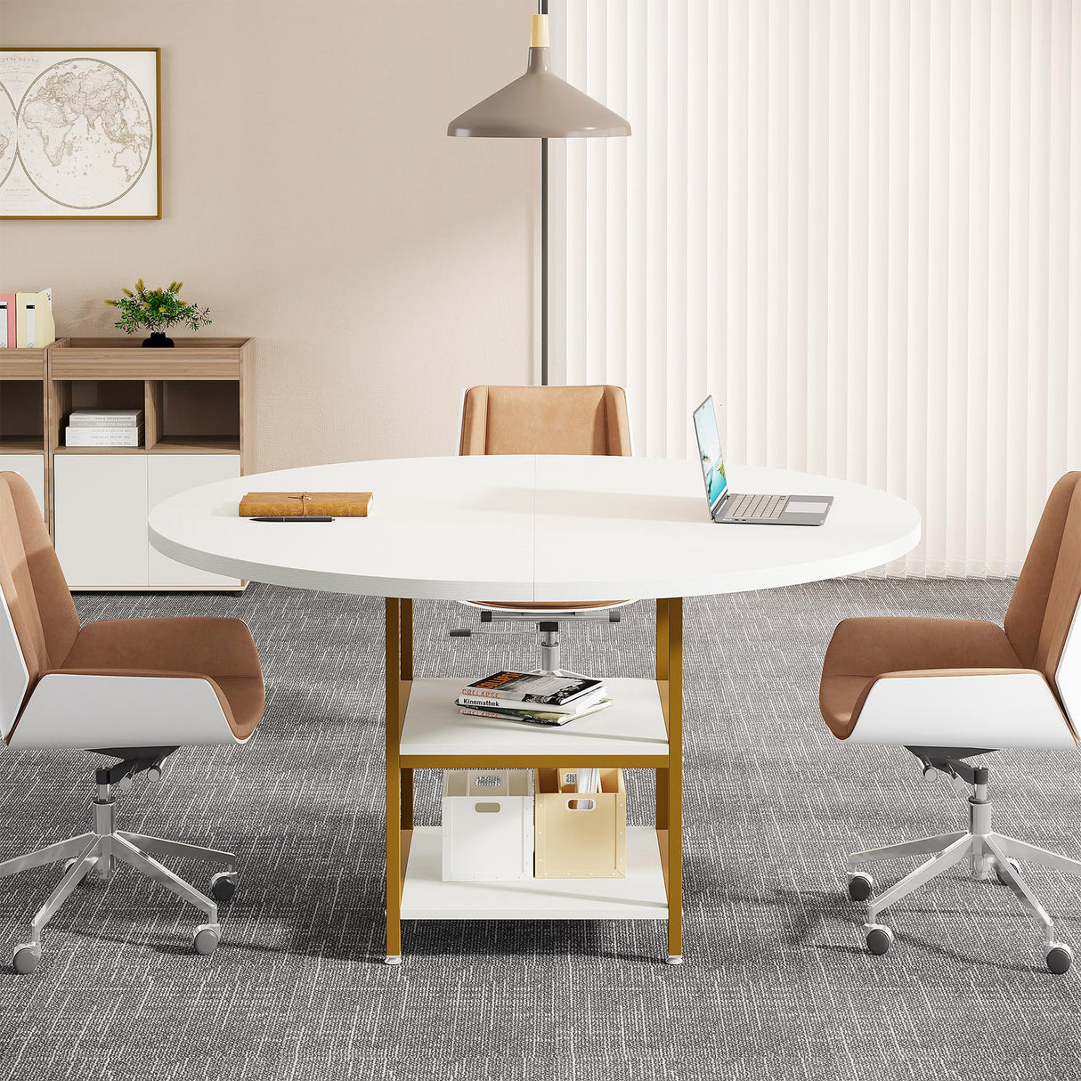 Tribesigns 47-Inch Round Conference Table for 4-6 People, Wood Meeting Room Table with Storage Shelf and Metal Legs, Modern Office Training Desk for Conference Room Seminar Room (White Gold) Tribesigns