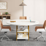 Tribesigns 47-Inch Round Conference Table for 4-6 People, Wood Meeting Room Table with Storage Shelf and Metal Legs, Modern Office Training Desk for Conference Room Seminar Room (White Gold) Tribesigns