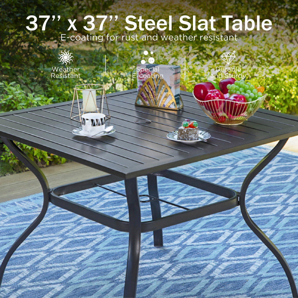 PHI VILLA Patio Dining Set 6 Piece with 4 Metal Outdoor Stackable Chairs, 1 Square Metal Table and 10ft 3 Tier Umbrella(Navy Blue), Outdoor Table Furniture Set for Patio, Deck, Poolside PHI VILLA
