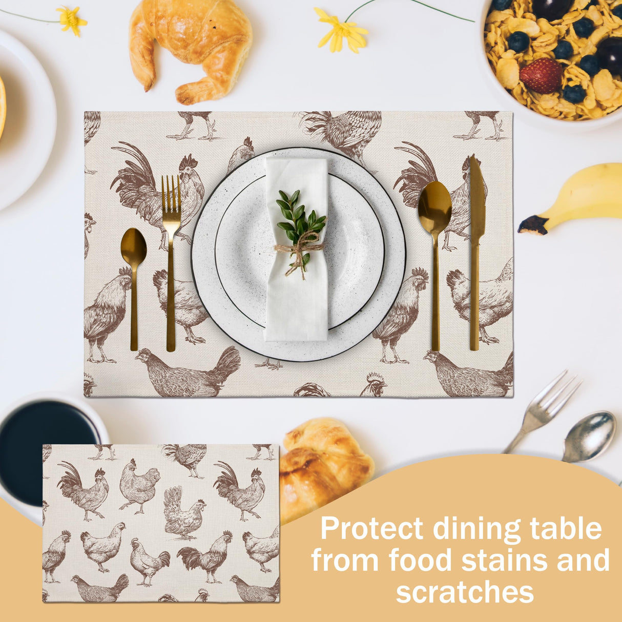 Farm Chicken Place Mats Indoor，Farmhouse Rustic Linen Washable Heat Resistant Placemats for Kitchen Dining Tables，Farmhouse Placemats Set of 4，Dining Table Decoration Supplies(12X18 inches) A20 Eronm