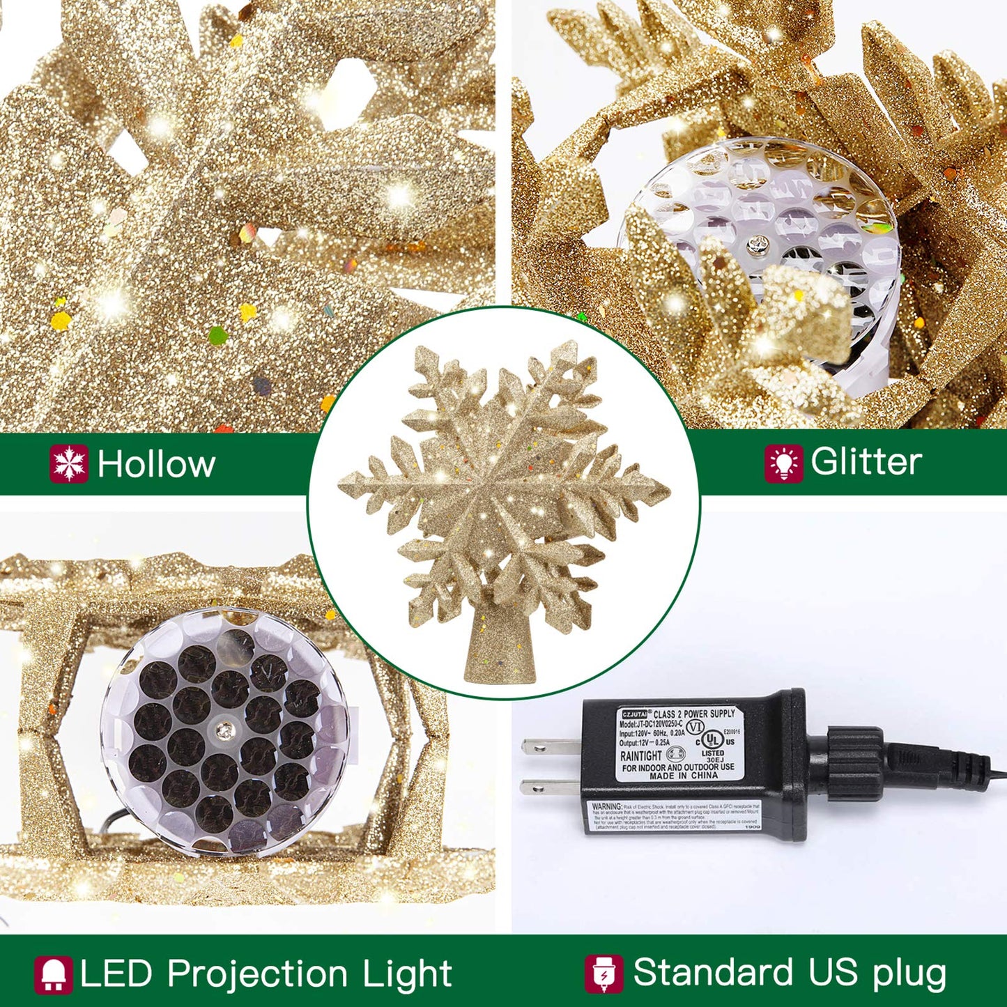 DG-Direct Christmas Tree Topper Lighted with Golden Snowflake Projector, Led Rotating Magic Snowflake, 3D Hollow Glitter Lighted Gold Snow Tree Topper for Christmas Tree Decorations