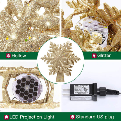 DG-Direct Christmas Tree Topper Lighted with Golden Snowflake Projector, Led Rotating Magic Snowflake, 3D Hollow Glitter Lighted Gold Snow Tree Topper for Christmas Tree Decorations