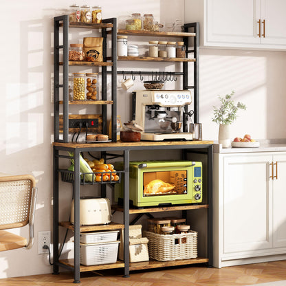 Baker Rack with Power Outlet - Large Microwave Stand with Storage, Kitchen Coffee Bar Station, Rustic Brown and Black, 14.5" D x 36" W x 72" H