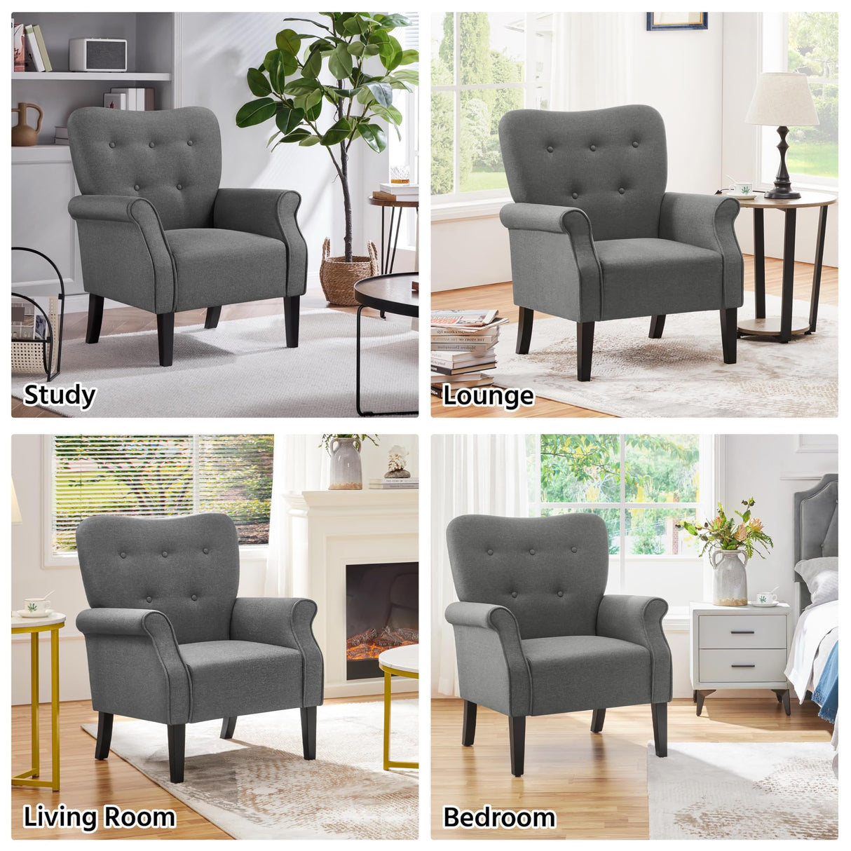Yaheetech Modern Armchair, Mid Century Accent Chair with Sturdy Wood Legs and High Back for Small Space, Upholstered Fabric Sofa Club Chair for Living Room/Bedroom/Office, Set of 2, Dark Gray Yaheetech