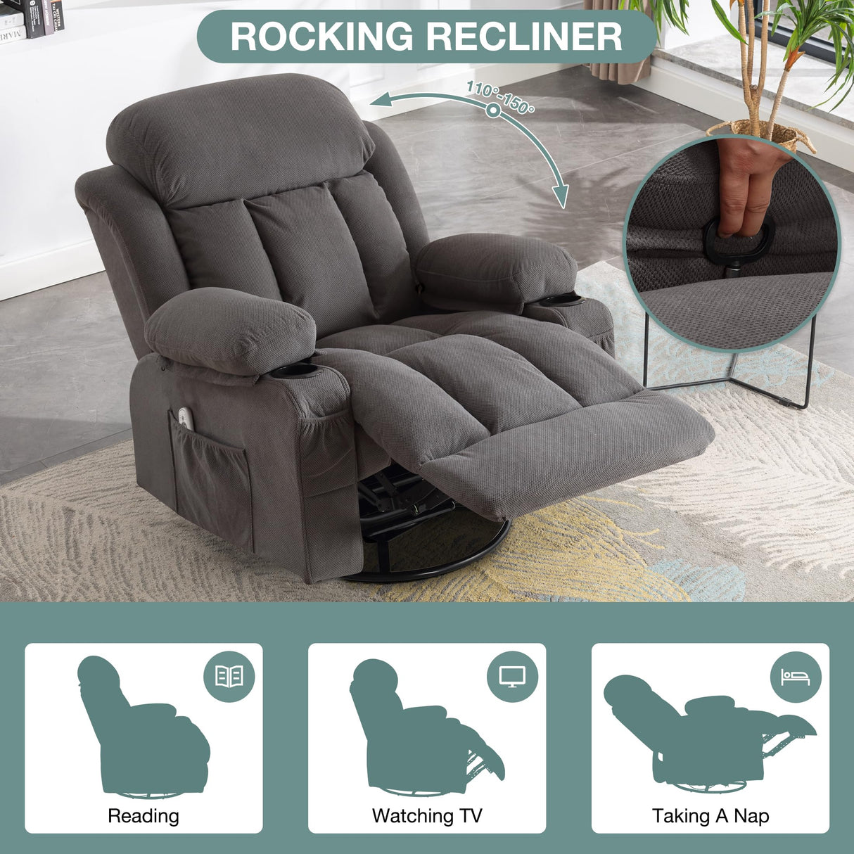 BOSMILLER Massage Recliner Chair, Swivel and Rocking Recliner with Heat and Vibration, Breathable Fabric Ergonomic Single Sofa Chair for Living Room with Cup Holders, Side Pockets and USB (Grey) BOSMILLER