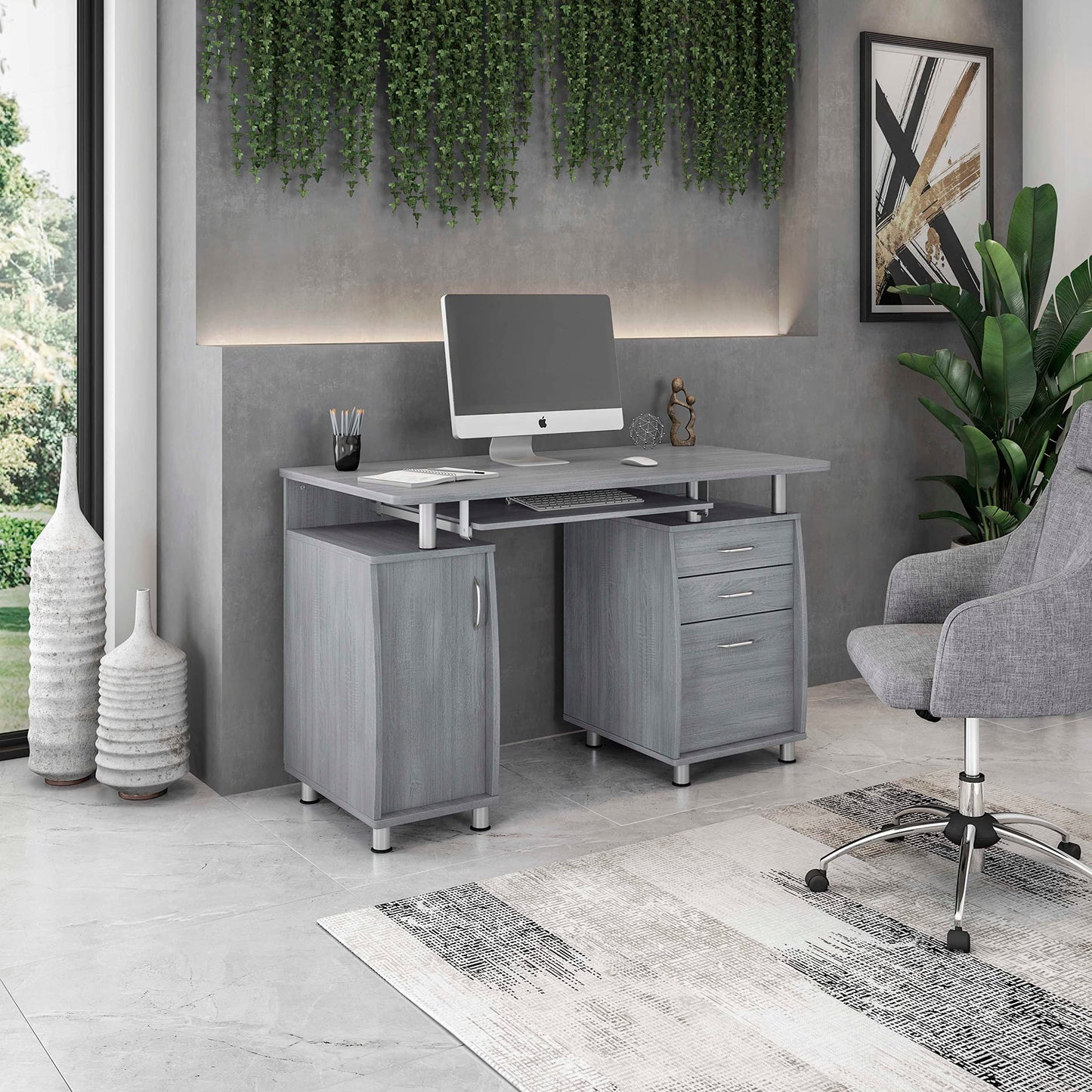 47.5'' Computer Desk with File Cabinet and Drawers, Storage Cabinet with Removable Shelf and Ventilation for CPU, Home Office Desk or Computer Workstation with Keyboard Tray, Grey