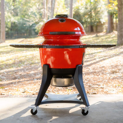 Kamado Joe Kettle Joe 22-inch Kettle Charcoal Grill with Hinged Lit, Cart, Side Shelves and SloRoller Hyperbolic Slow Smoker Chamber in Red, Model KJ15040320