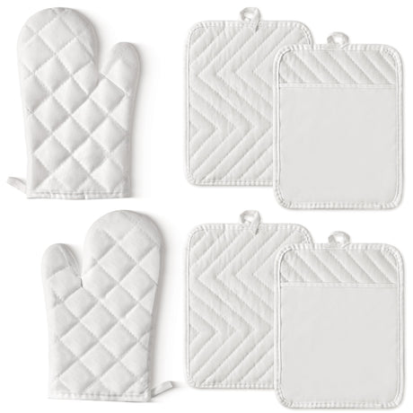 GROBRO7 6Pcs Cotton Oven Mitts and Pot Holders Set Heat Resistant Hot Pads Machine Washable BBQ Gloves with Hanging Loop Durable Pocket Pot Holder for Kitchen Baking Grilling Cooking White GROBRO7