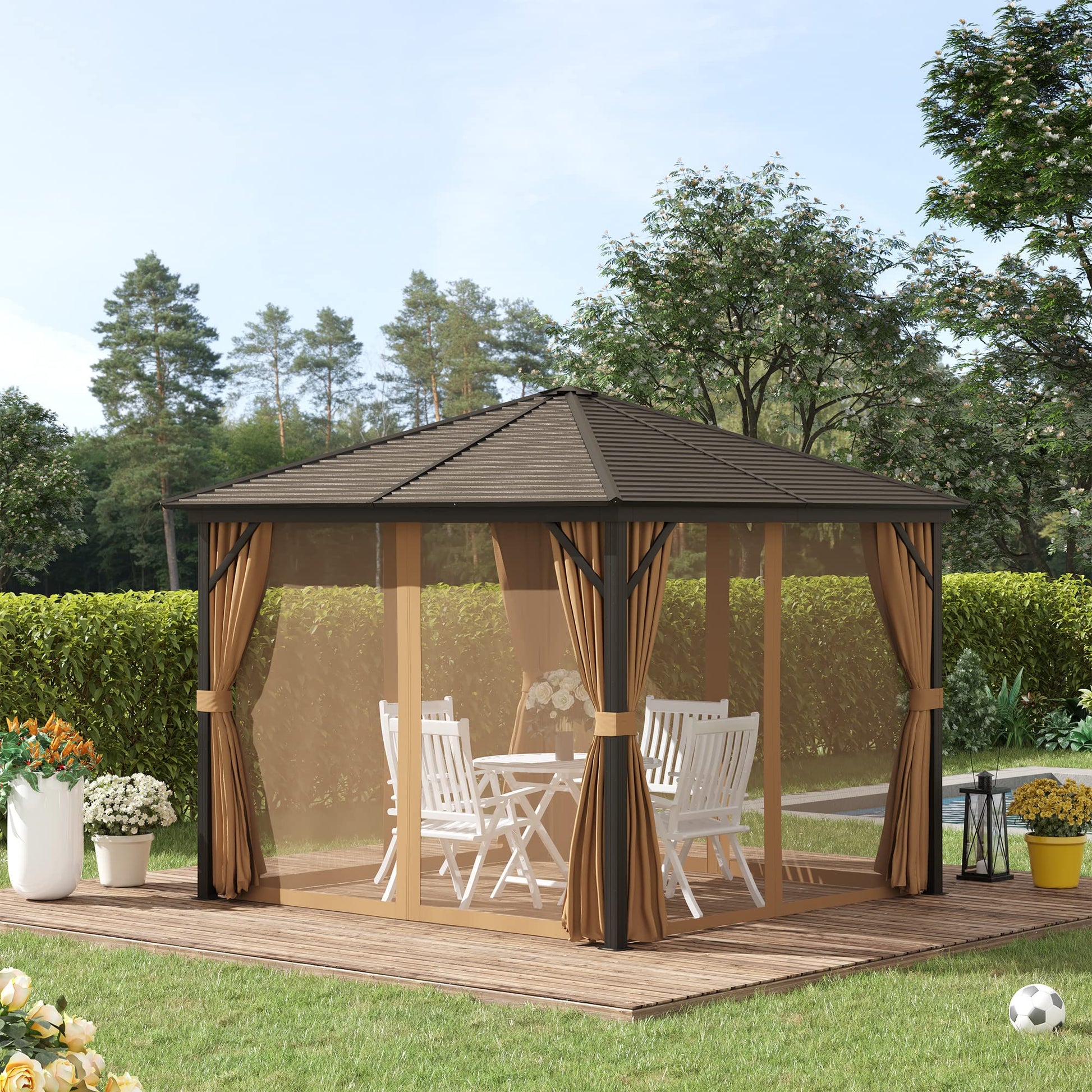 Outsunny 10' x 10' Hardtop Gazebo with Curtains and Netting, Permanent Pavilion Metal Single Roof Gazebo Canopy with Aluminum Frame and Hooks, for Garden, Patio, Backyard, Light Brown - WoodArtSupply