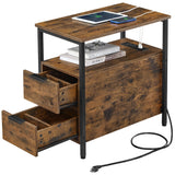 VASAGLE Side Table with Charging Station, Narrow End Table with 2 Drawers, Slim Nightstand and Bedside Table with Storage, for Small Spaces, Rustic Brown + Black VASAGLE