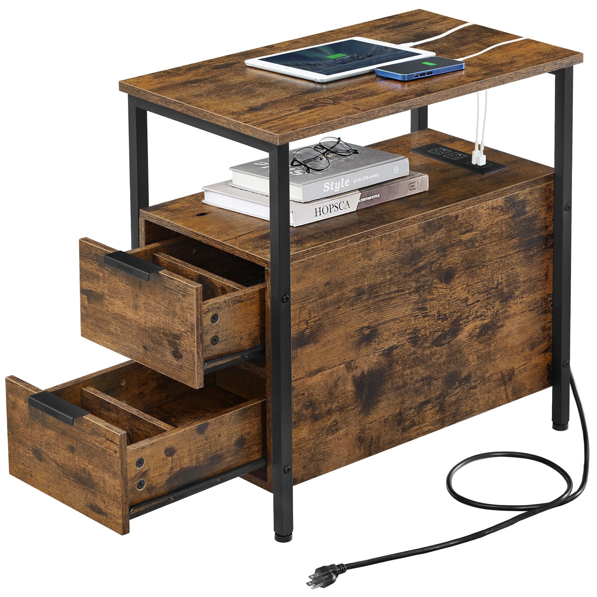 VASAGLE Side Table with Charging Station, Narrow End Table with 2 Drawers, Slim Nightstand and Bedside Table with Storage, for Small Spaces, Rustic Brown + Black - WoodArtSupply