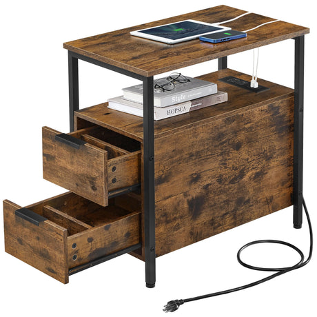 VASAGLE Side Table with Charging Station, Narrow End Table with 2 Drawers, Slim Nightstand and Bedside Table with Storage, for Small Spaces, Rustic Brown + Black VASAGLE