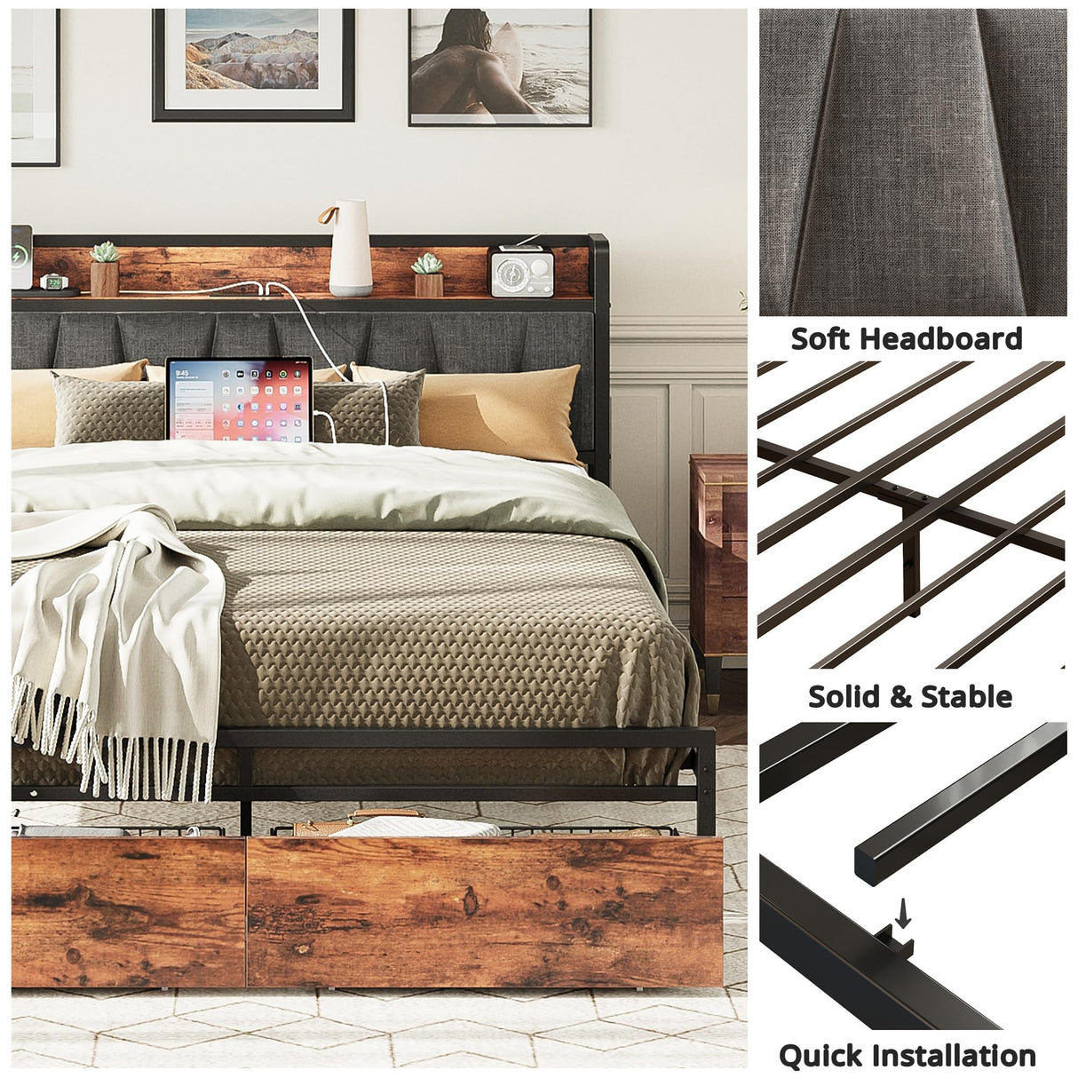Vintage Brown & Gray LIKIMIO Queen Bed Frame with Storage Headboard and Charging Station LIKIMIO