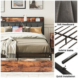Vintage Brown & Gray LIKIMIO Queen Bed Frame with Storage Headboard and Charging Station LIKIMIO