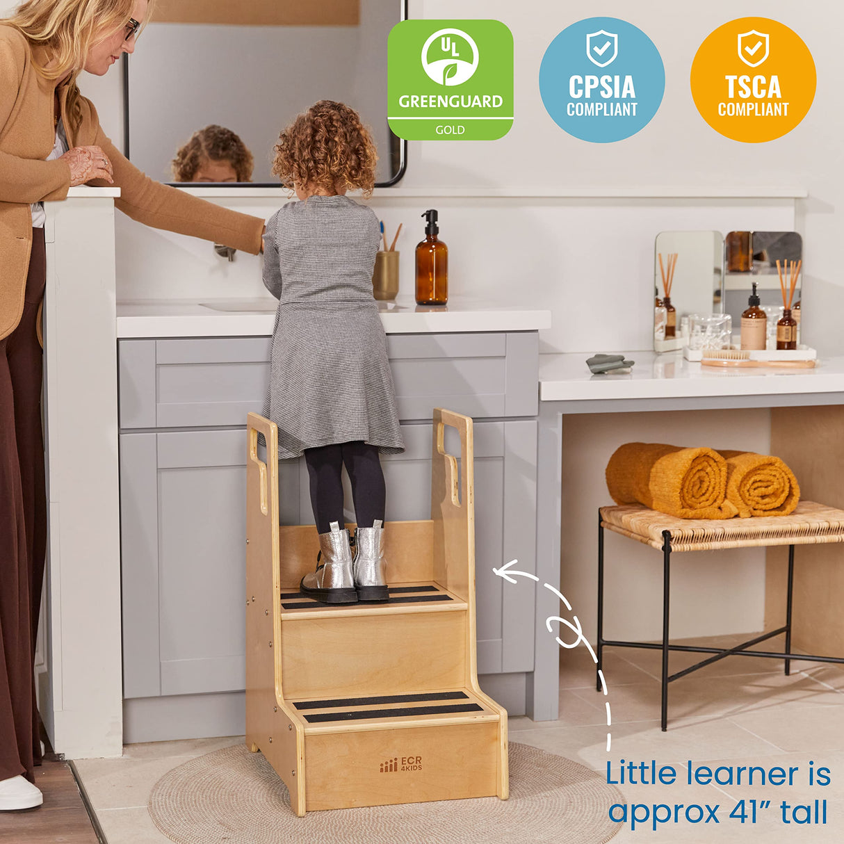 ECR4Kids Reach-Up Step Stool with Handles, Kids Furniture, Natural ECR4Kids
