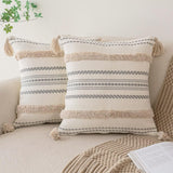 Boho Throw Pillow Covers 18x18 Set of 2 Woven Tufted Farmhouse Pillows Cover with Tassels Textured Striped Cushion Case Neutral Pillow Cases Decorative Pillowcase for Sofa, Couch, Bed, Khaki BUIOVBEY