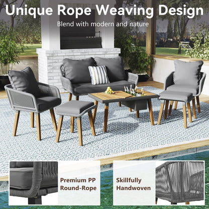 LUMISOL 6-Piece Grey Patio Furniture Set with Acacia Wood Cool Bar Table and Rope Seating - WoodArtSupply