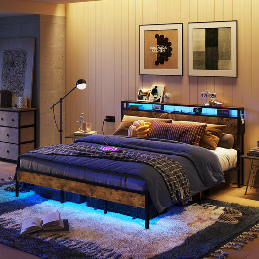 Bestier King Size Bed Frame with Headboard, Dual LED Lights, and Integrated Charging Station - WoodArtSupply