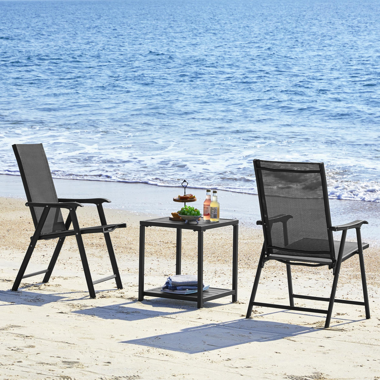 Yaheetech Patio Dining Chairs Set of 2 with Armrests, Outdoor Folding Chairs with Metal Frame and Backrest for Lawn, Garden, Yard and Poolside, Black Yaheetech