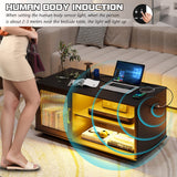 Lvifur 43'' Coffee Table with LED Lights & Charging Station, 3 Color Dimmable Auto Sensor Dining Table with 2 Storage Shelf and 1 Drawer,Farmhouse Center Table for Living Room(Black) Lvifur