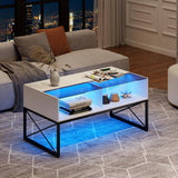 Glass Coffee Tables for Living Room, White Mid Century Modern Coffee Table with Storage, Smart Led Light Wood Coffee Table HWB