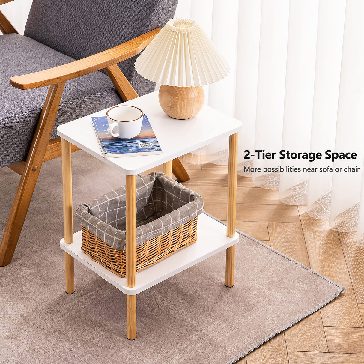 Apicizon 2 Tier End Table, Boho Side Table with Storage Shelf, Nightstand Bedside Table for Small Spaces, Bedroom, Living Room, Entryway, Farmhouse, Easy Assembly, White+Natural Apicizon