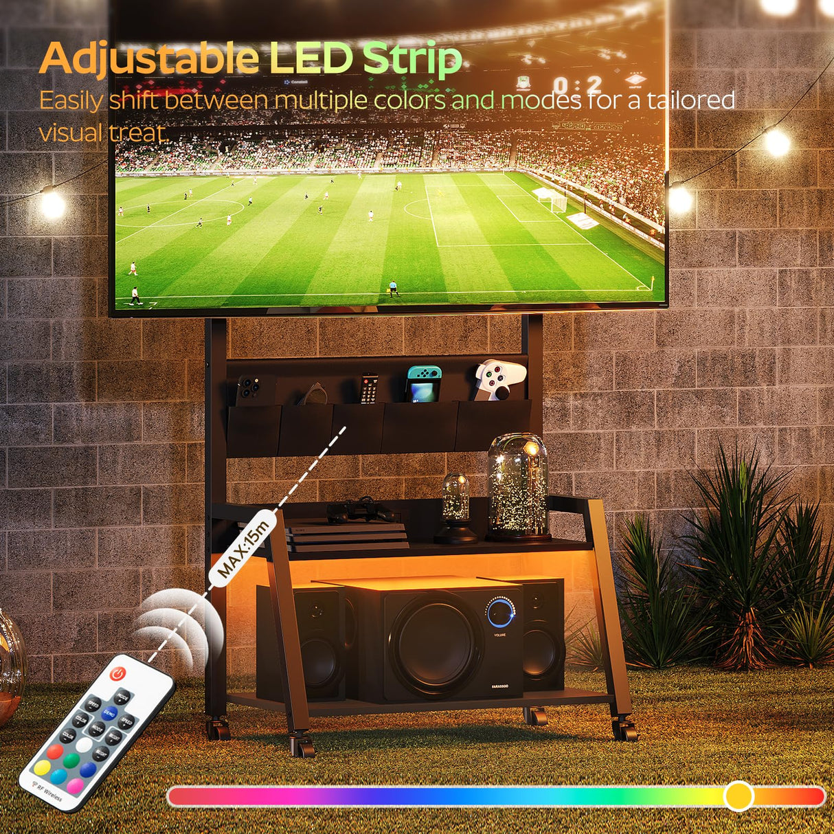 YATINEY Rolling TV Stand with Power Outlet, Mobile TV Stand with LED Light Up to 55" TVs, TV Cart with Mount, 5 Oxford Fabric Pouches, for Living Room, Meeting Room, Black DS01UDBB YATINEY