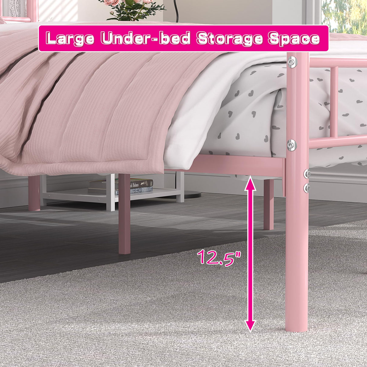 VECELO 14 Inch Queen Size Metal Platform Bed Frame with Headboard and Footboard, Heavy Duty Mattress Foundation with Steel Slats Support, No Box Spring Needed, Pink VECELO