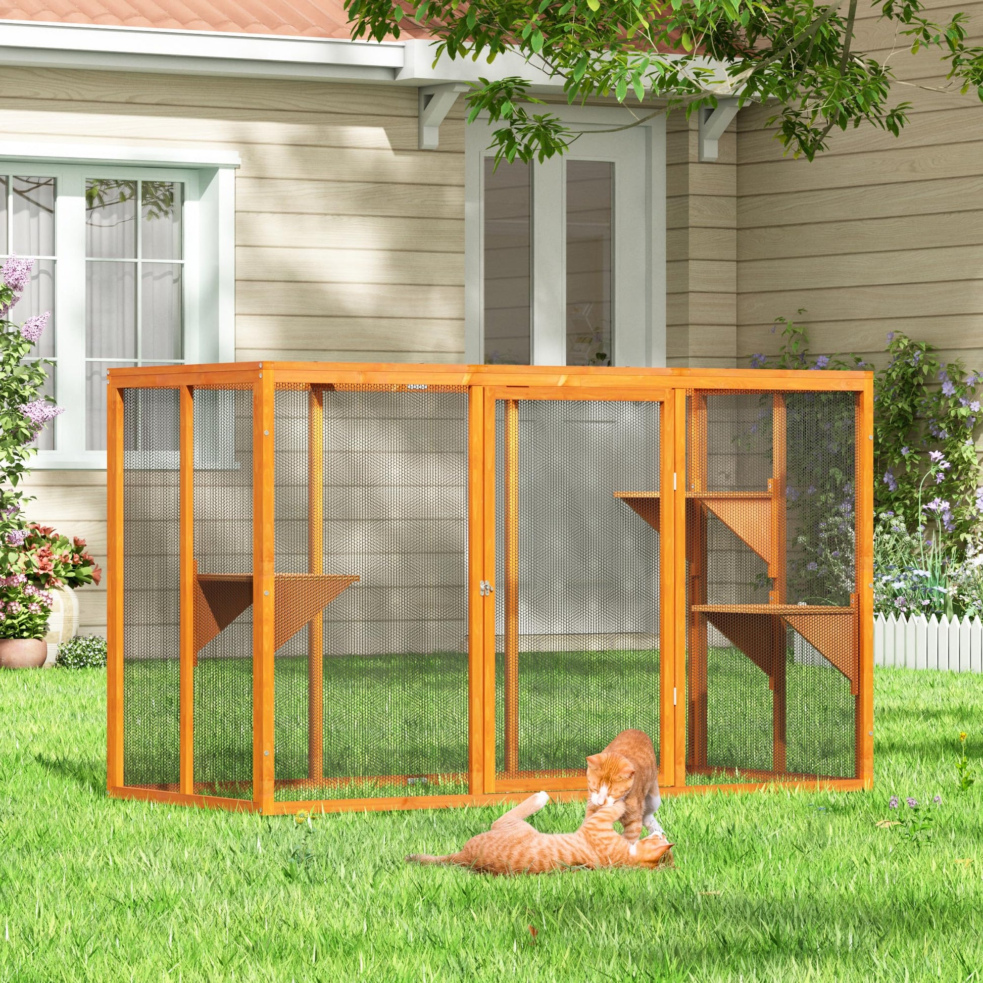 COZIVVOVV Wooden Cat House, Catio Outdoor Cat Enclosure, Large Cat Cage with 3 Platforms, Door and Asphalt Roof, Kitty Condo Indoor Playpen (Orange-New, Large) - WoodArtSupply