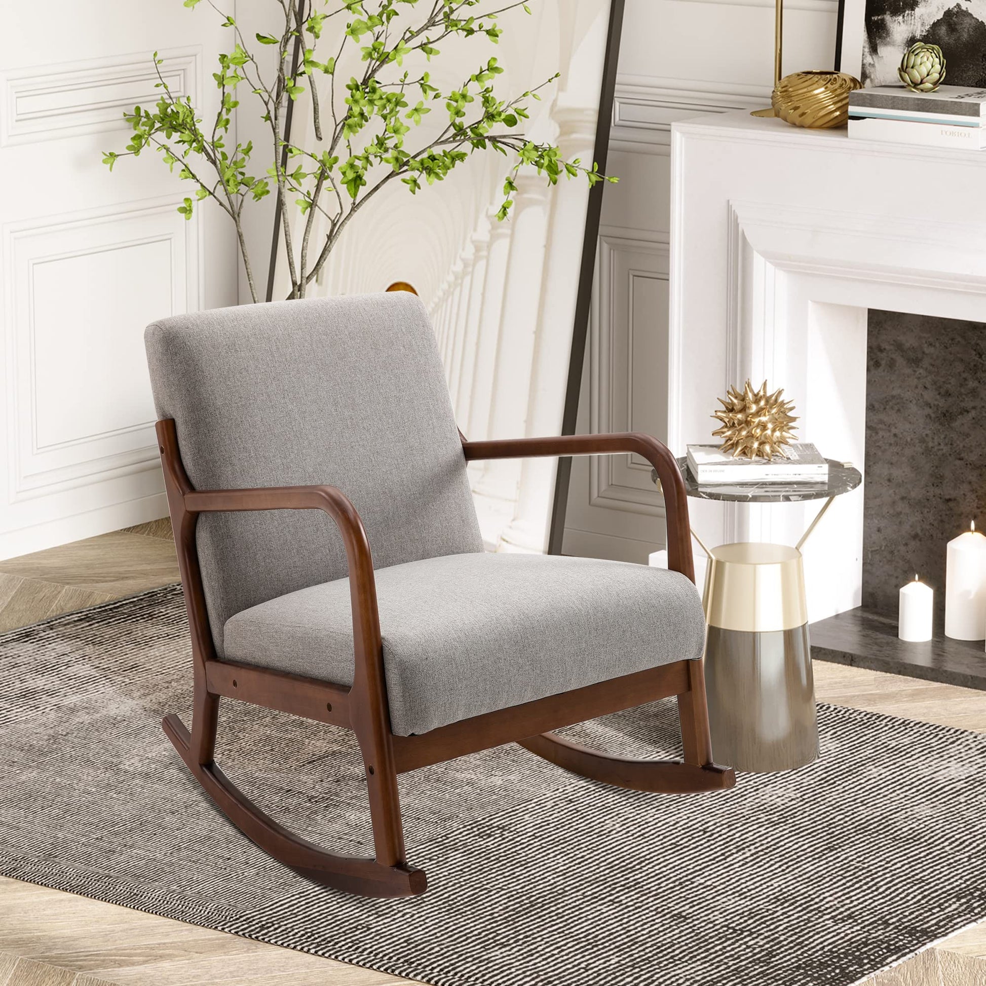 HOMCOM Upholstered Rocking Armchair with Wood Base and Linen Fabric Padded Seat for Living Room, Grey - WoodArtSupply