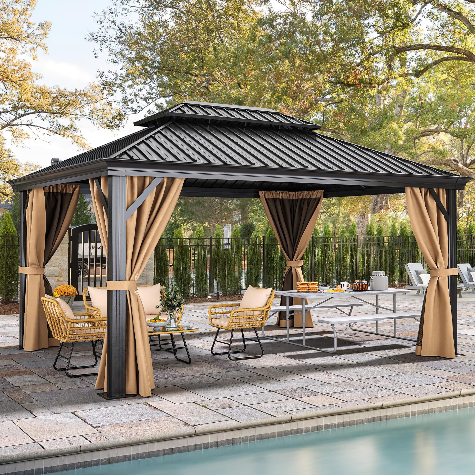 YITAHOME 12x16ft Gazebo Hardtop with Netting and Curtains 2-Tier Galvanized Iron Canopy, Outdoor Aluminum Frame Garden Tent for Patio, Backyard, Deck and Lawns, Brown - WoodArtSupply