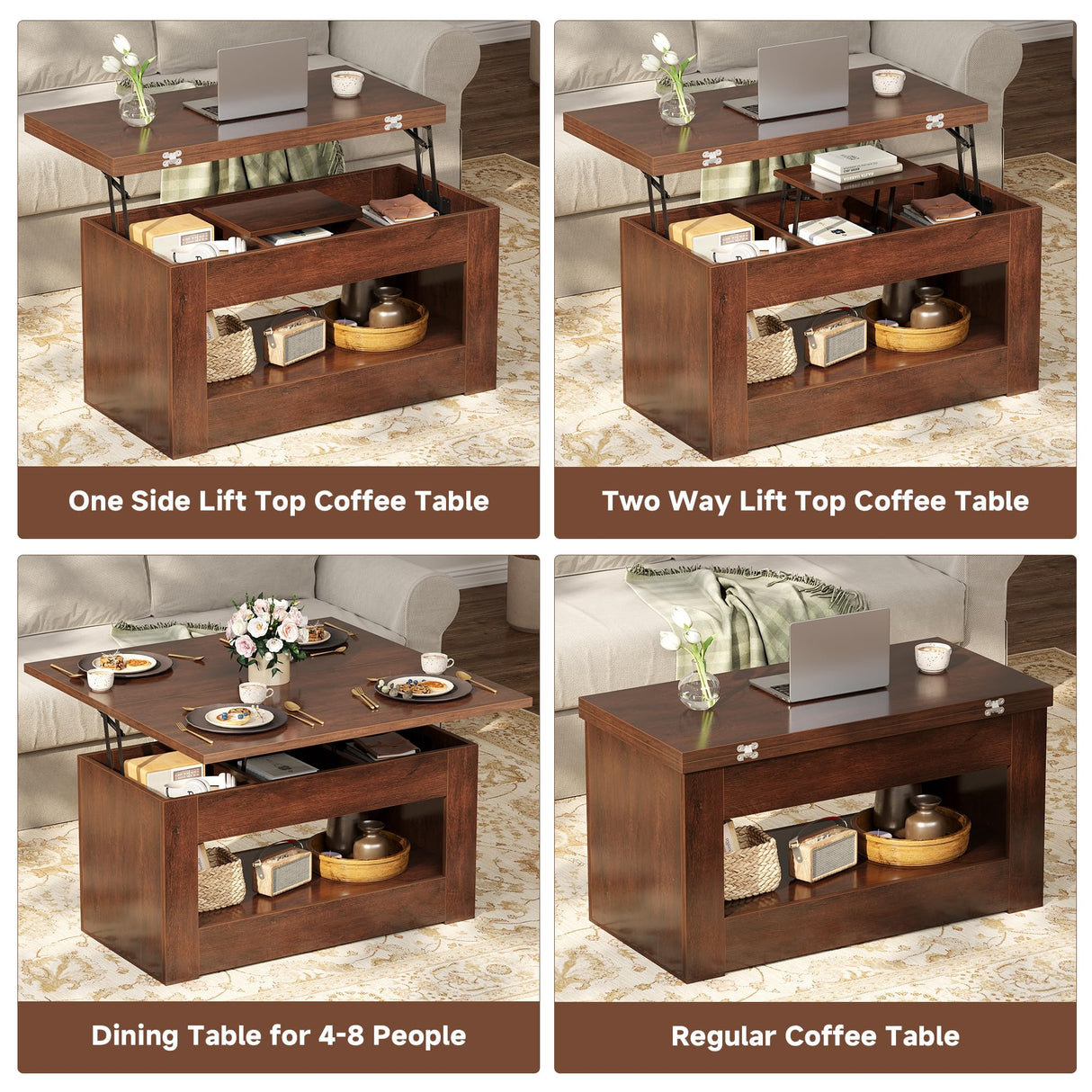 UNIQUITE 40" Lift Top Coffee Table, 4 in 1 Multi-Function Lift Coffee Table with Storage and Hidden Compartment, Convertible Coffee Tables to Dining Table for Living Room, Walnut UNIQUITE