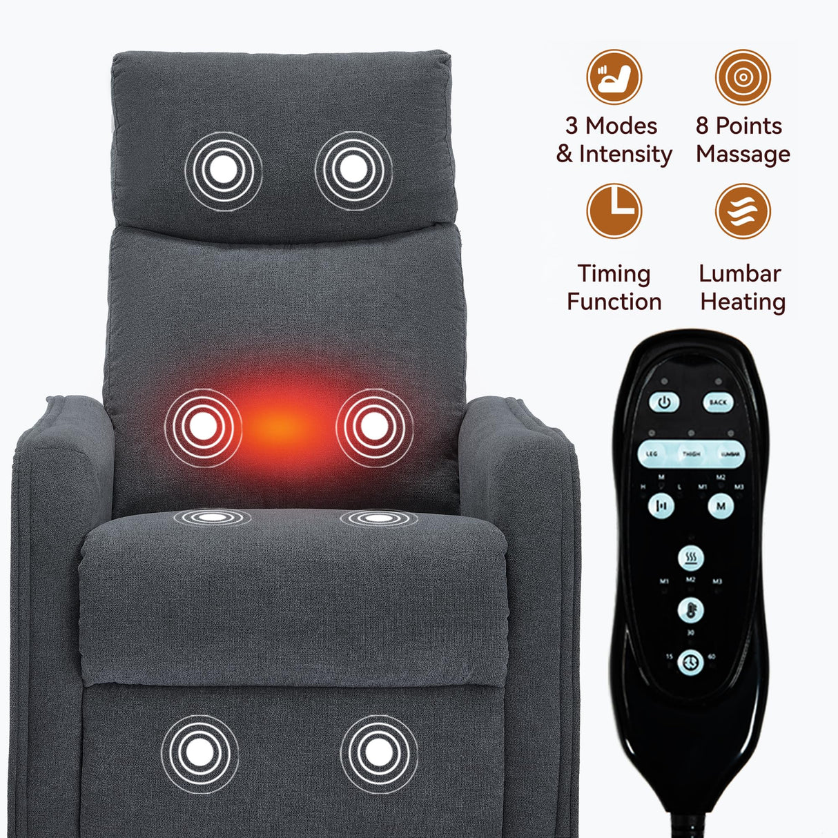 PELUMY Rocker Recliner Chair with Heat Massage - Manual Swivel Recliner for Living Room and Bedroom, 8 Vibration Points, Lumbar Heat, Glider Rocking Chair for Adults (Dark Grey) PELUMY
