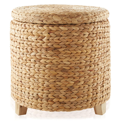 Casafield 17" Round Storage Ottoman with Lid - Natural, Handwoven Water Hyacinth Footstool for Living Room, Bedroom, Bathroom, Home Office