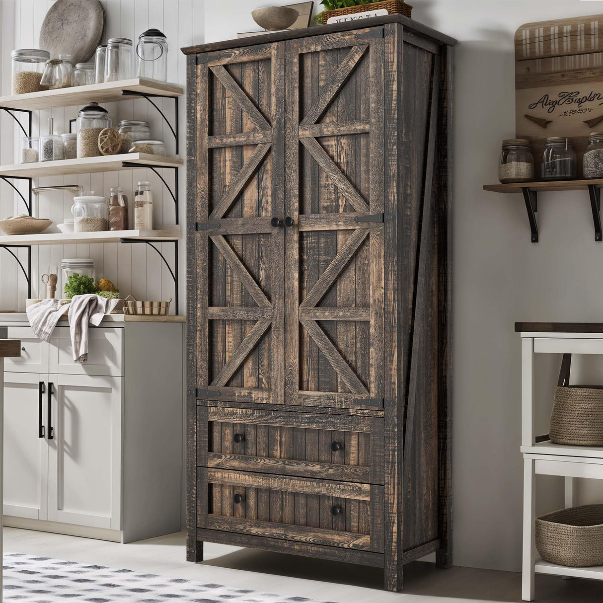 YITAHOME Farmhouse Kitchen Pantry Cabinet, 64.5" Tall Storage Cabinet with 2 Drawers & Adjustable Shelves, Ideal for Kitchen, Living Room, or Entryway, Dark Rustic YITAHOME