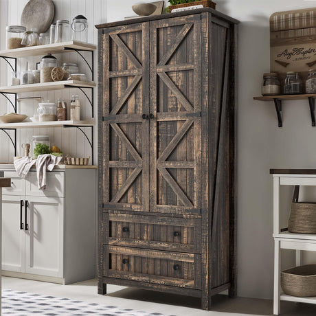 YITAHOME Farmhouse Kitchen Pantry Cabinet, 64.5" Tall Storage Cabinet with 2 Drawers & Adjustable Shelves, Ideal for Kitchen, Living Room, or Entryway, Dark Rustic YITAHOME