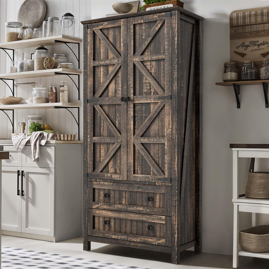 YITAHOME Farmhouse Kitchen Pantry Cabinet, 64.5" Tall Storage Cabinet with 2 Drawers & Adjustable Shelves, Ideal for Kitchen, Living Room, or Entryway, Dark Rustic