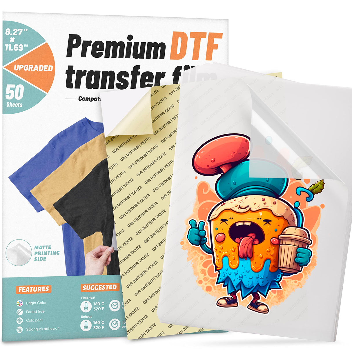 DTF Transfer Film, 50 Sheets 8.5"*11" DTF Paper with Smart Printing Pad for All Sublimation&DTF Printers,DTF Film for Sublimation Hack,Upgraded Premium Direct to Film for All Fabrics KASYU