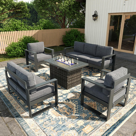 KHOLH 5 Piece Modern Aluminum Patio Furniture Set with Fire Pit Table, Outdoor Patio Sectional Conversation Metal Seating Sets with Olefin Cushion KHOLH