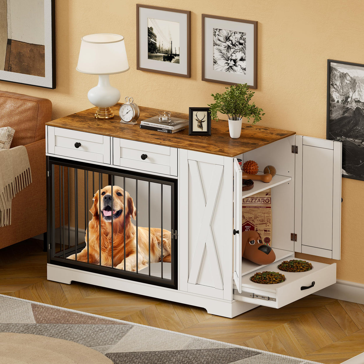 Dog Crate Furniture Kennel with Double Doors, Wooden Pet House with 2 Drawers and Pet Feeder Station Storage Cabinet, Furniture Style Dog Crate Table Side End Table for Large Medium Dogs, White SDMY